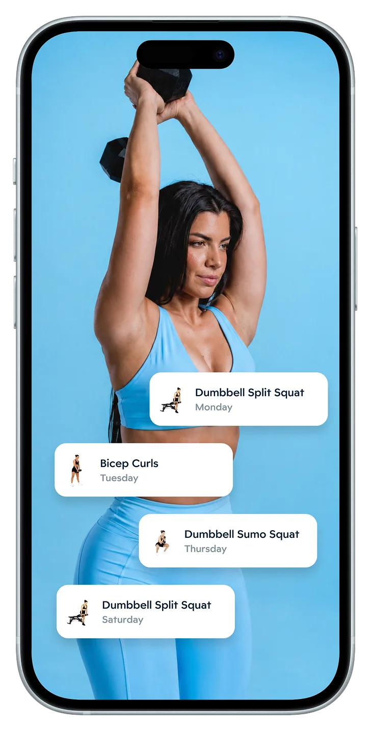 A week of workouts laid out day by day in the EvolveYou app, from split squats on Monday to sumo squats on Thursday